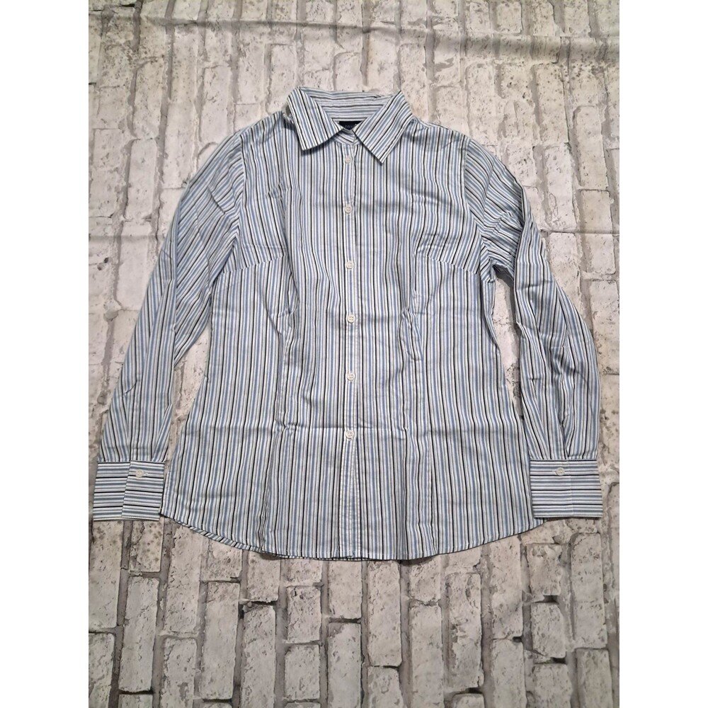 East 5th Women's Size 8 Casual Button Up Shirt Blue and Black Stripes Collared